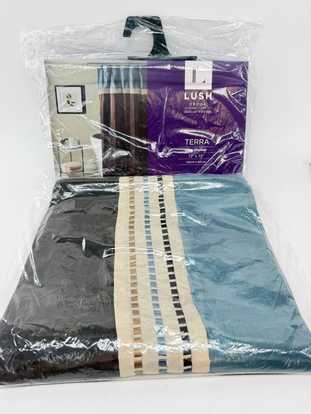 Lush Decor Terra Shower Curtain 72x72 Blue Gray Brown Striped New